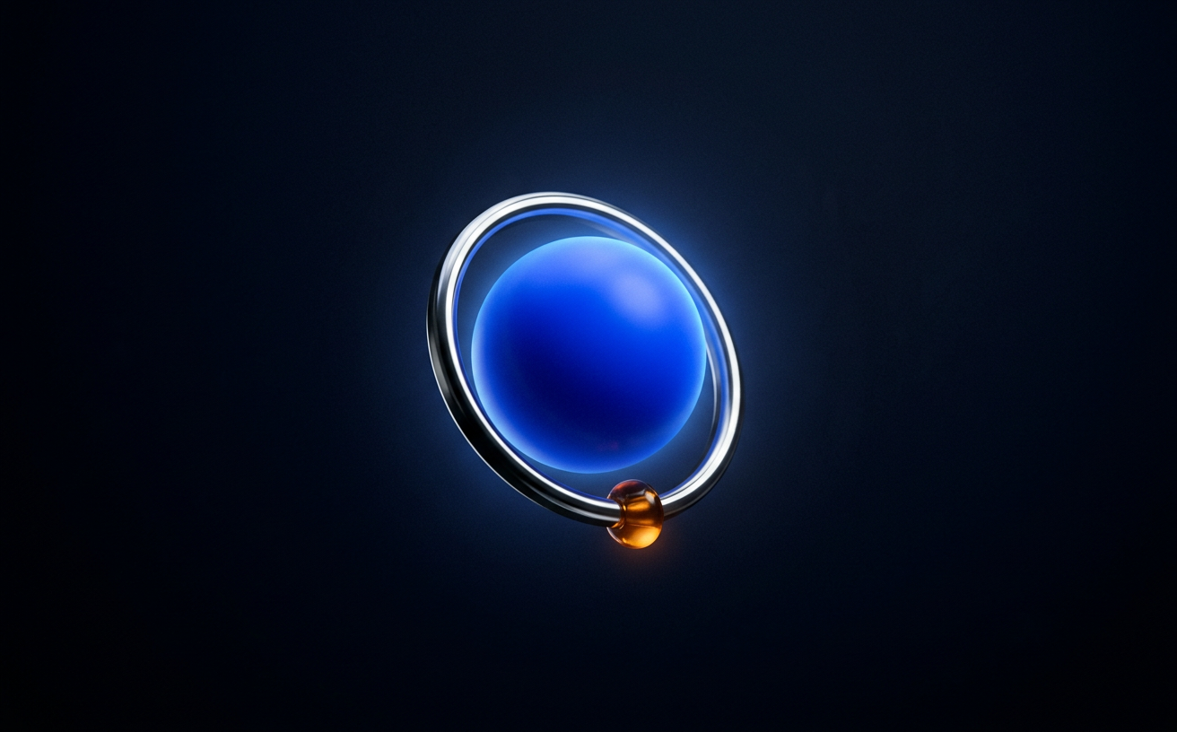 Abstract blue orb and chrome ring floating in space